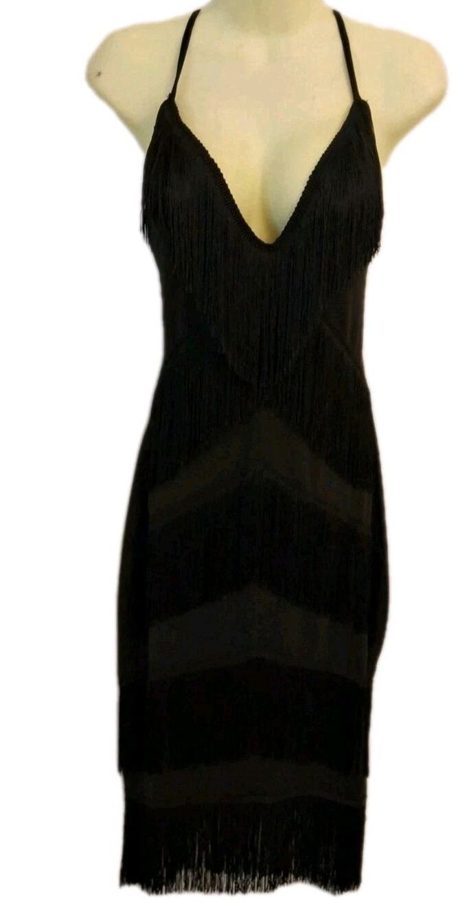 SHEIN Women’s Bodycon Black Fringe Dress Midi Sleeveless Flapper Swing Sz Lg